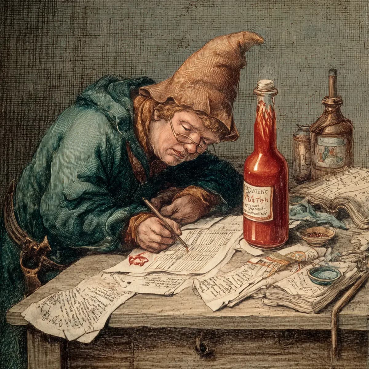 Medieval scribe with a ketchup bottle