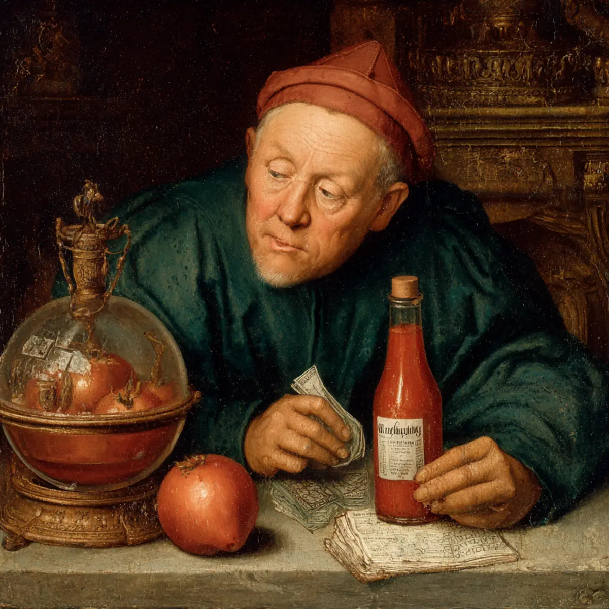 Renaissance painting of an accountant with a magical ketchup bottle